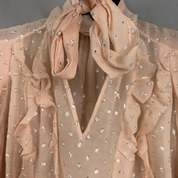 Rebecca Taylor Blouse Womens 2 Pink Tie Neck Ruffle Sheer Metallic Clip Dot Fem - Picture 4 of 15